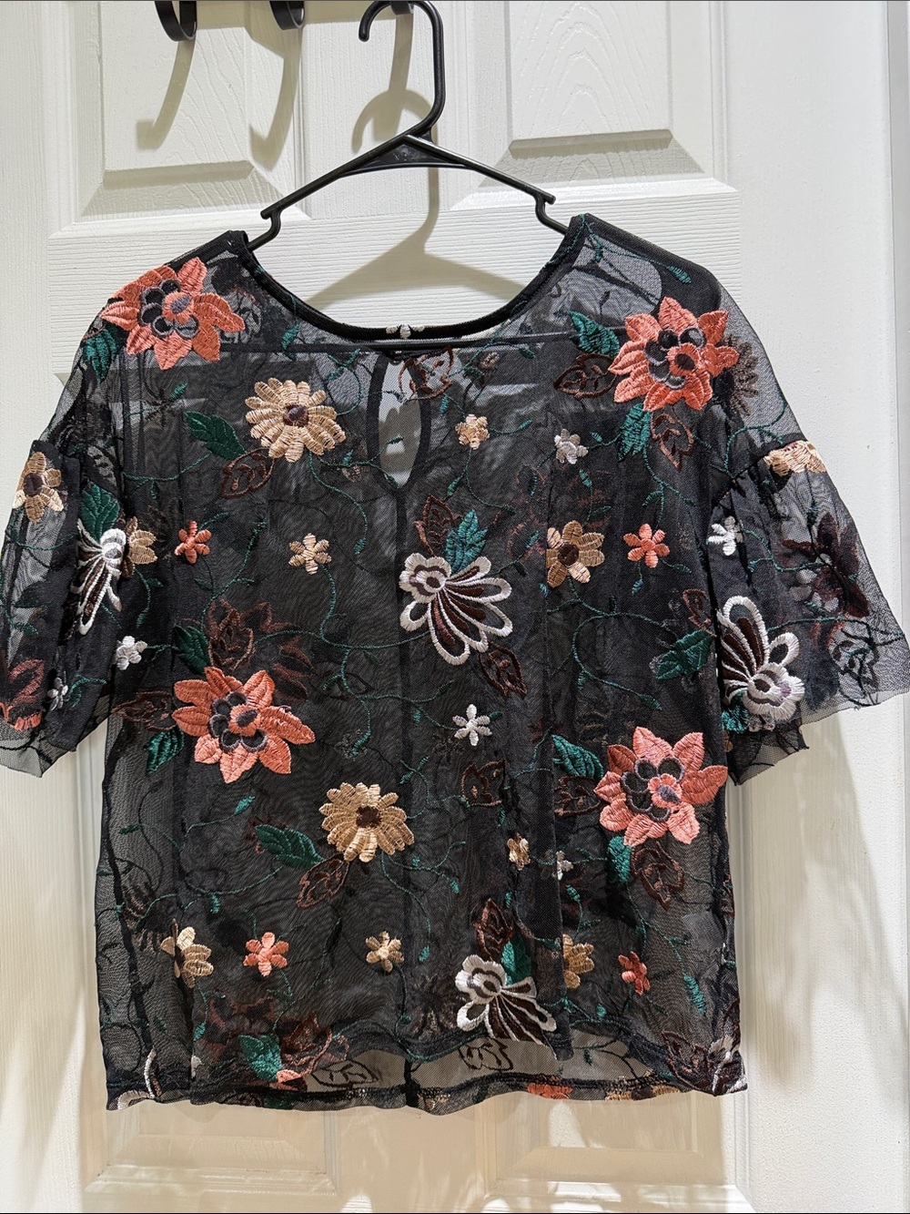Floral Embroidered Black Mesh Top - Women's